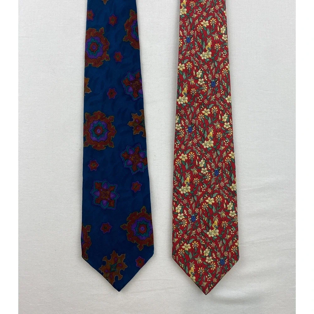 Lot of 2 LIBERTY OF LONDON 100% Silk Necktie Floral Geometric Print Blue Red VTG